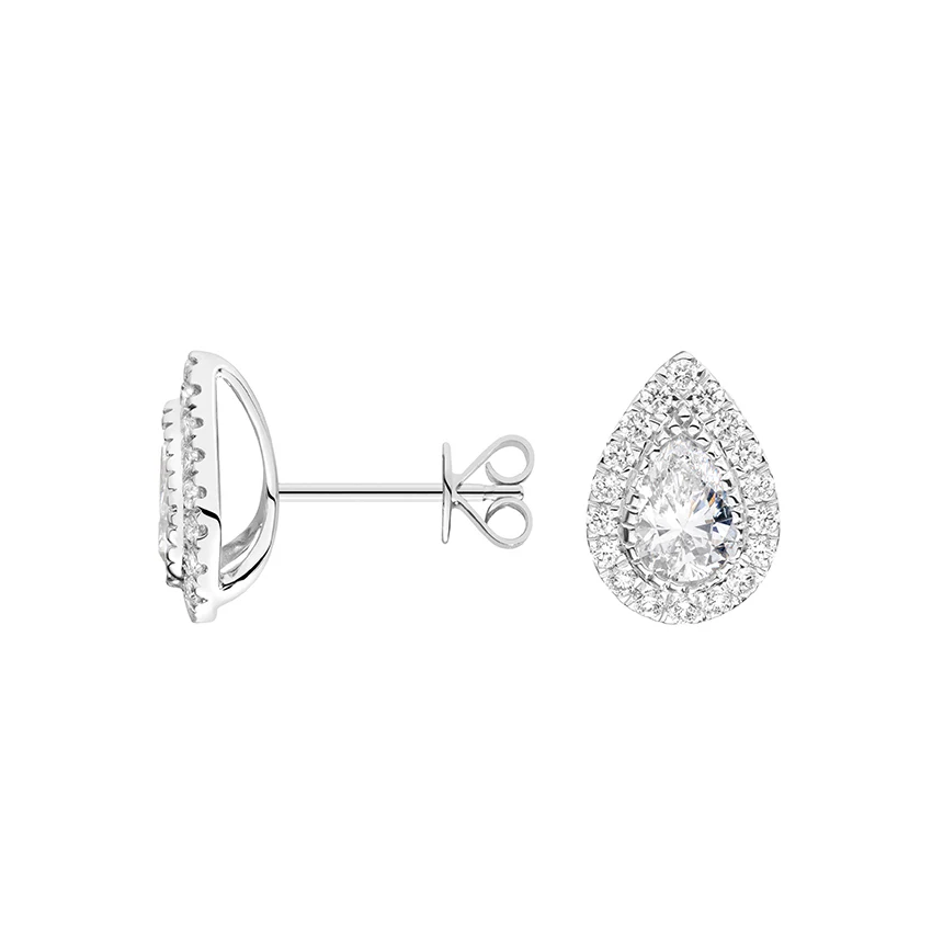 18k White Gold Pear Cut Natural Diamond Halo Stud Earrings - Image 2