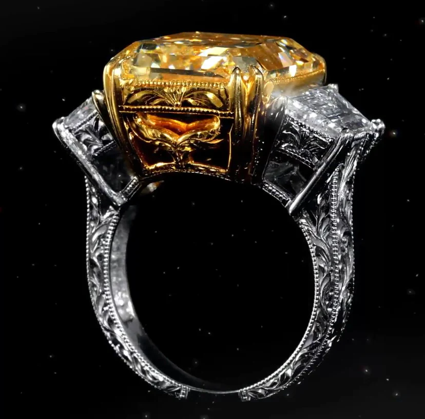 Yellow Cushion Cut Natural Diamond Engagement Ring with Tapered Baguette - Image 3