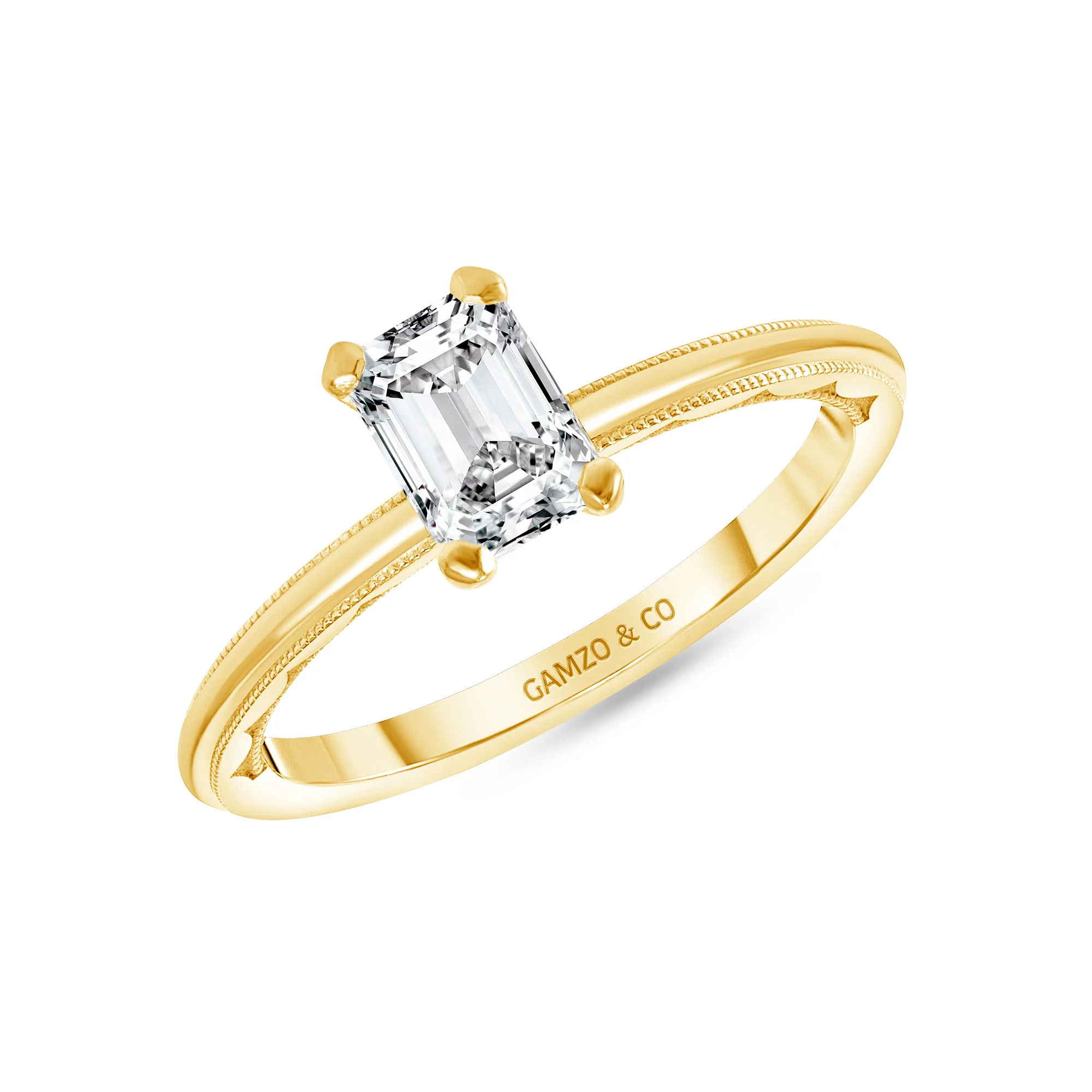 Emerald Cut Natural Diamond Solitaire Engagement Ring with Millgrain (GIA Certified) - Image 3
