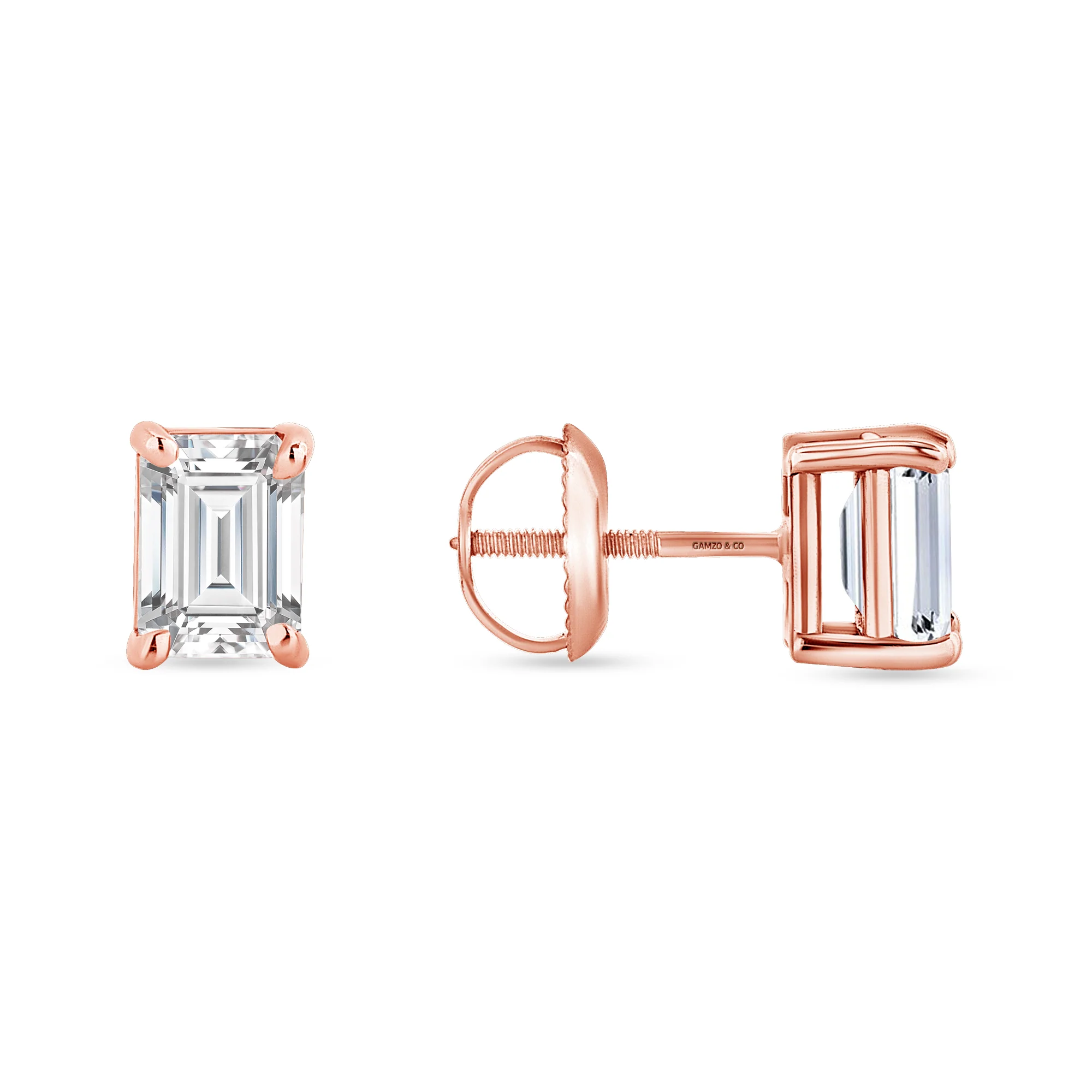 Emerald Diamond Earrings - 4 Prong Screw Back Setting - Image 3