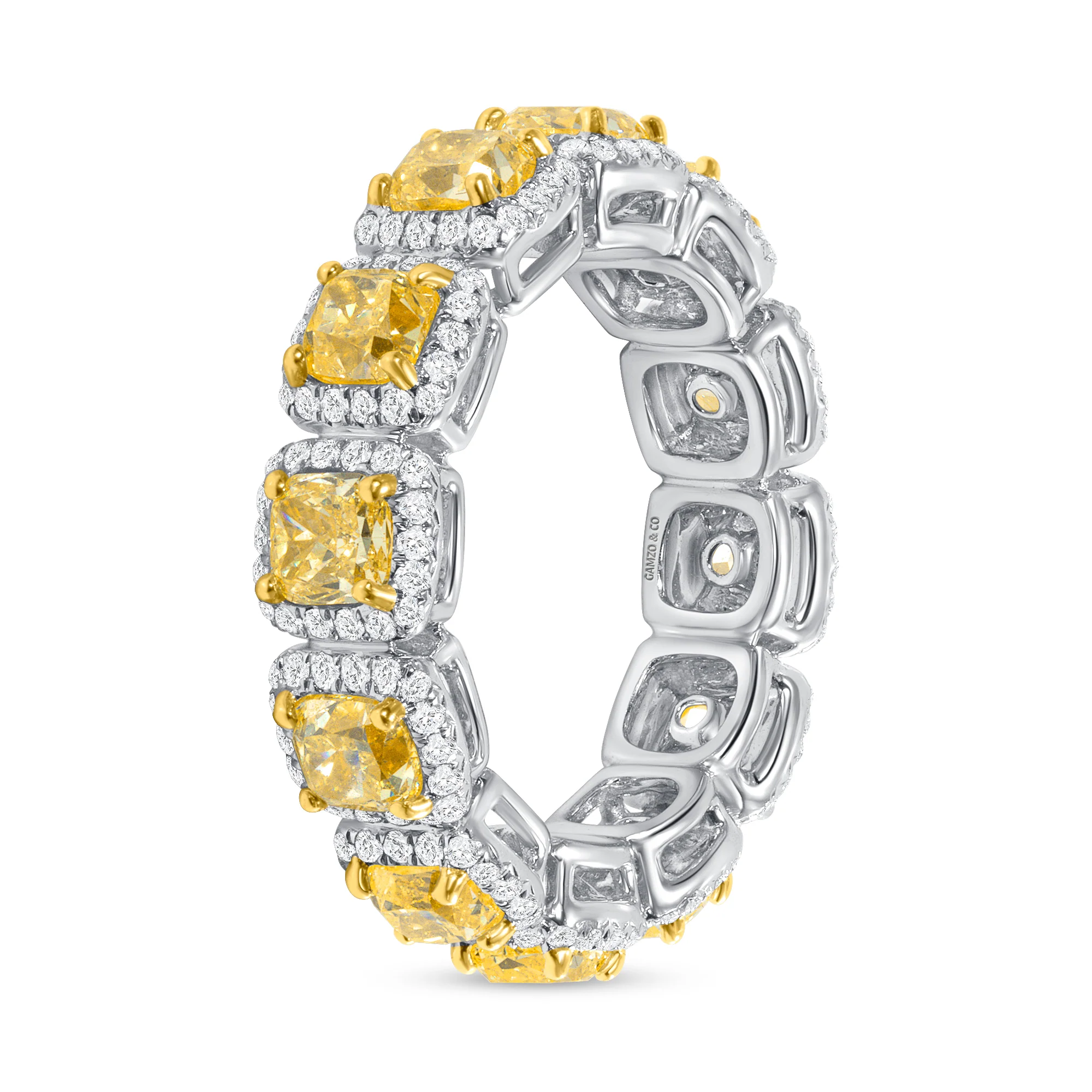 Fancy Yellow Cushion Cut Natural Diamond Halo Eternity Band - Image 4