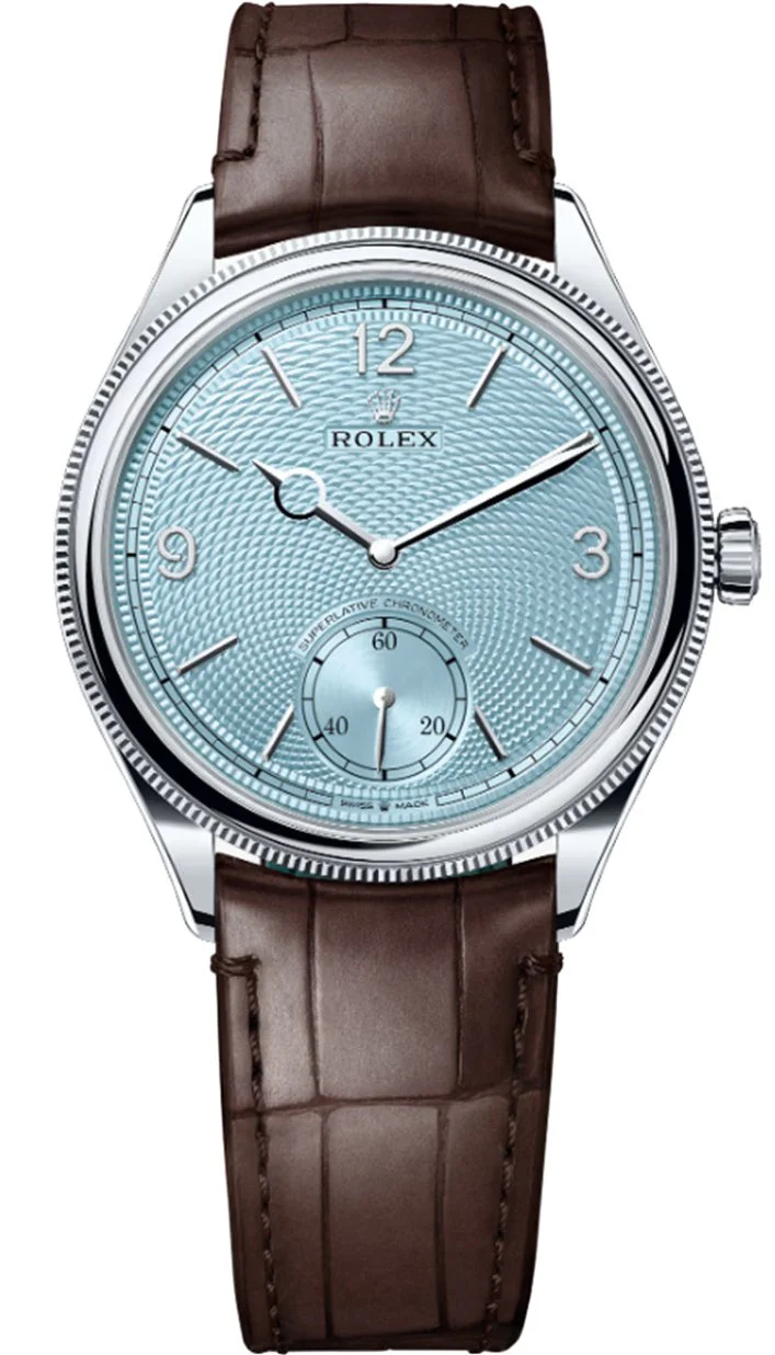 Rolex 1908 Platinum Ice Blue Dial Brown Alligator Strap 52506 – New 2025 / 2026