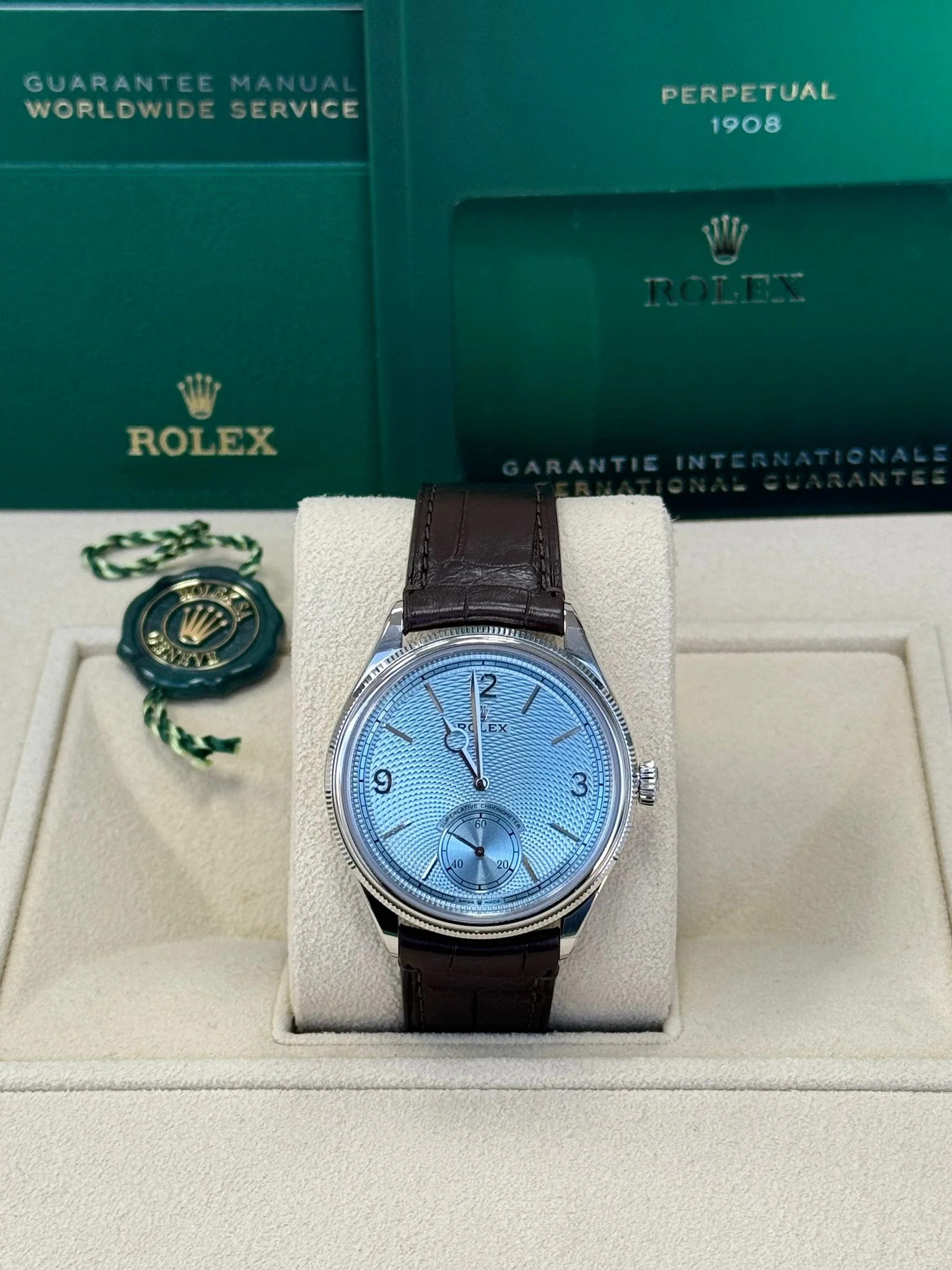 Rolex 1908 Platinum Ice Blue Dial Brown Alligator Strap 52506 – New 2025 / 2026 - Image 3