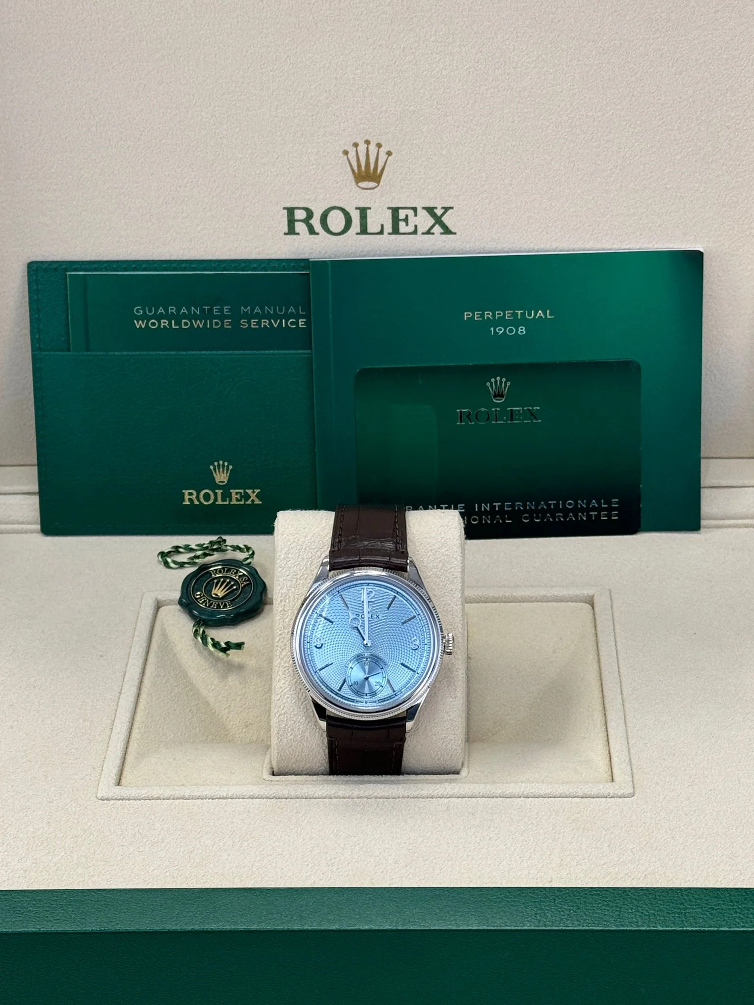 Rolex 1908 Platinum Ice Blue Dial Brown Alligator Strap 52506 – New 2025 / 2026 - Image 4