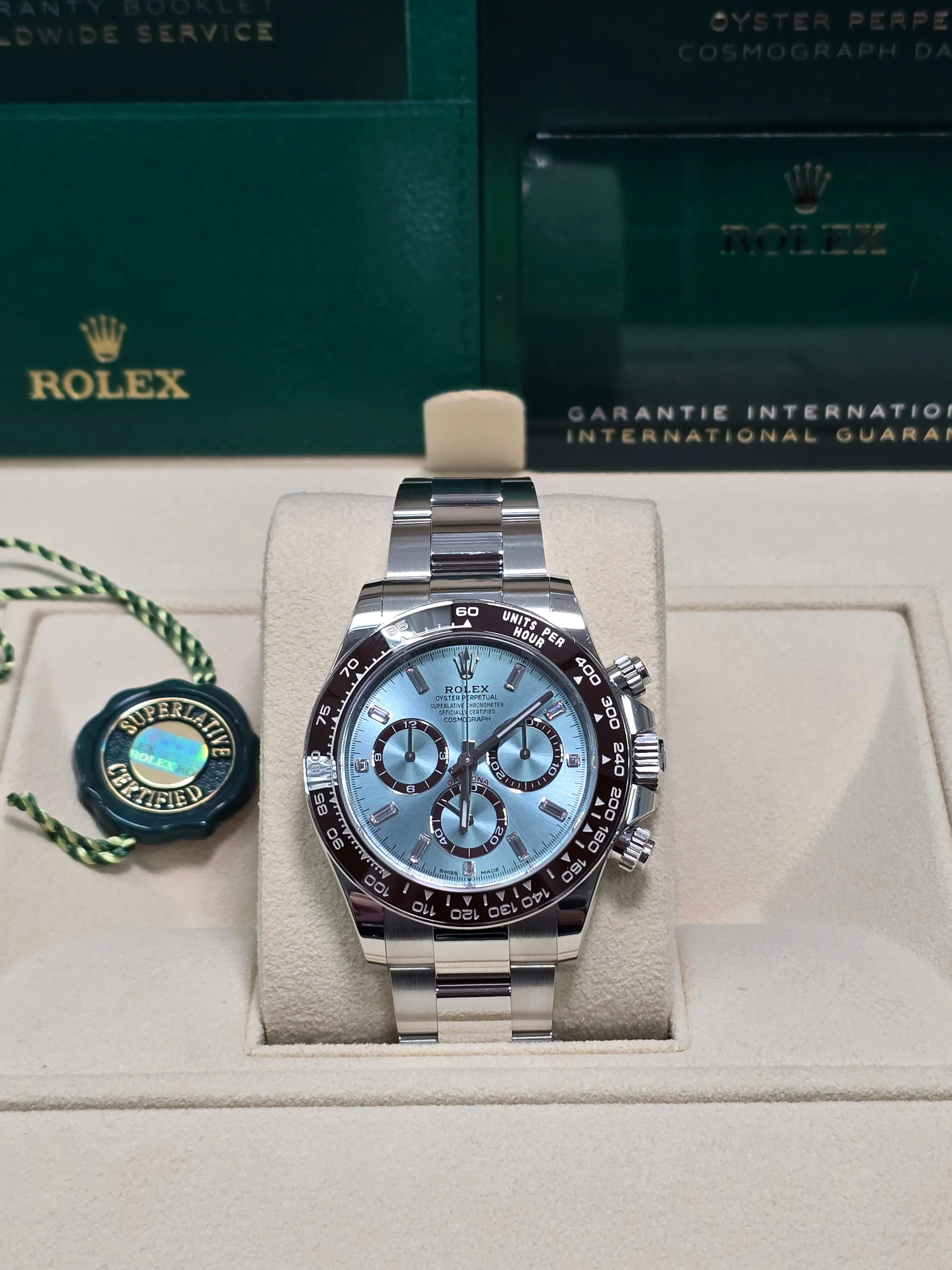 Rolex Cosmograph Daytona "Platona" 40mm Platinum Ice Blue Diamond Baguette Dial Brown Ceramic Bezel 126506 – New 2025 / 2026 - Image 3