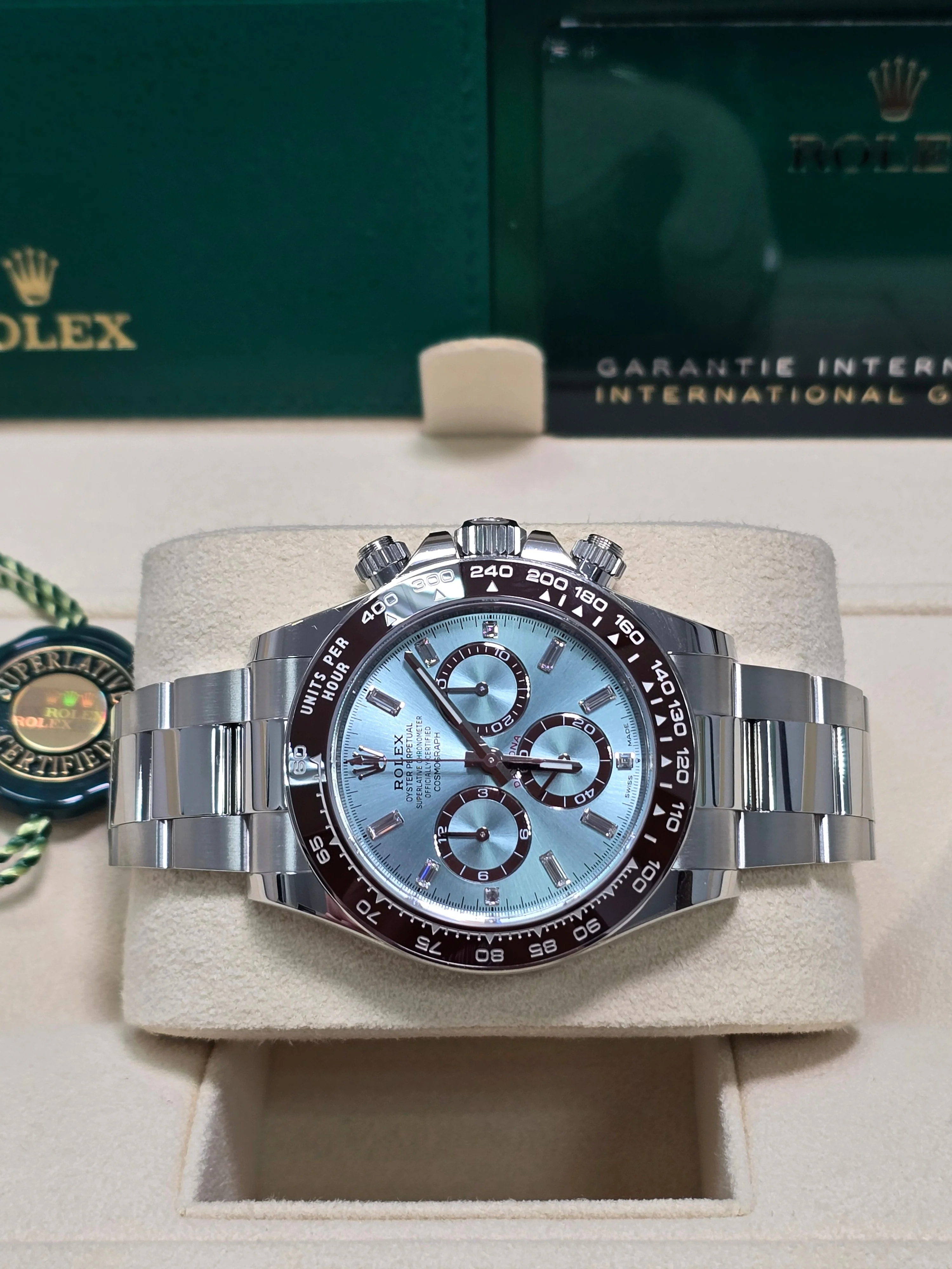 Rolex Cosmograph Daytona "Platona" 40mm Platinum Ice Blue Diamond Baguette Dial Brown Ceramic Bezel 126506 – New 2025 / 2026 - Image 4