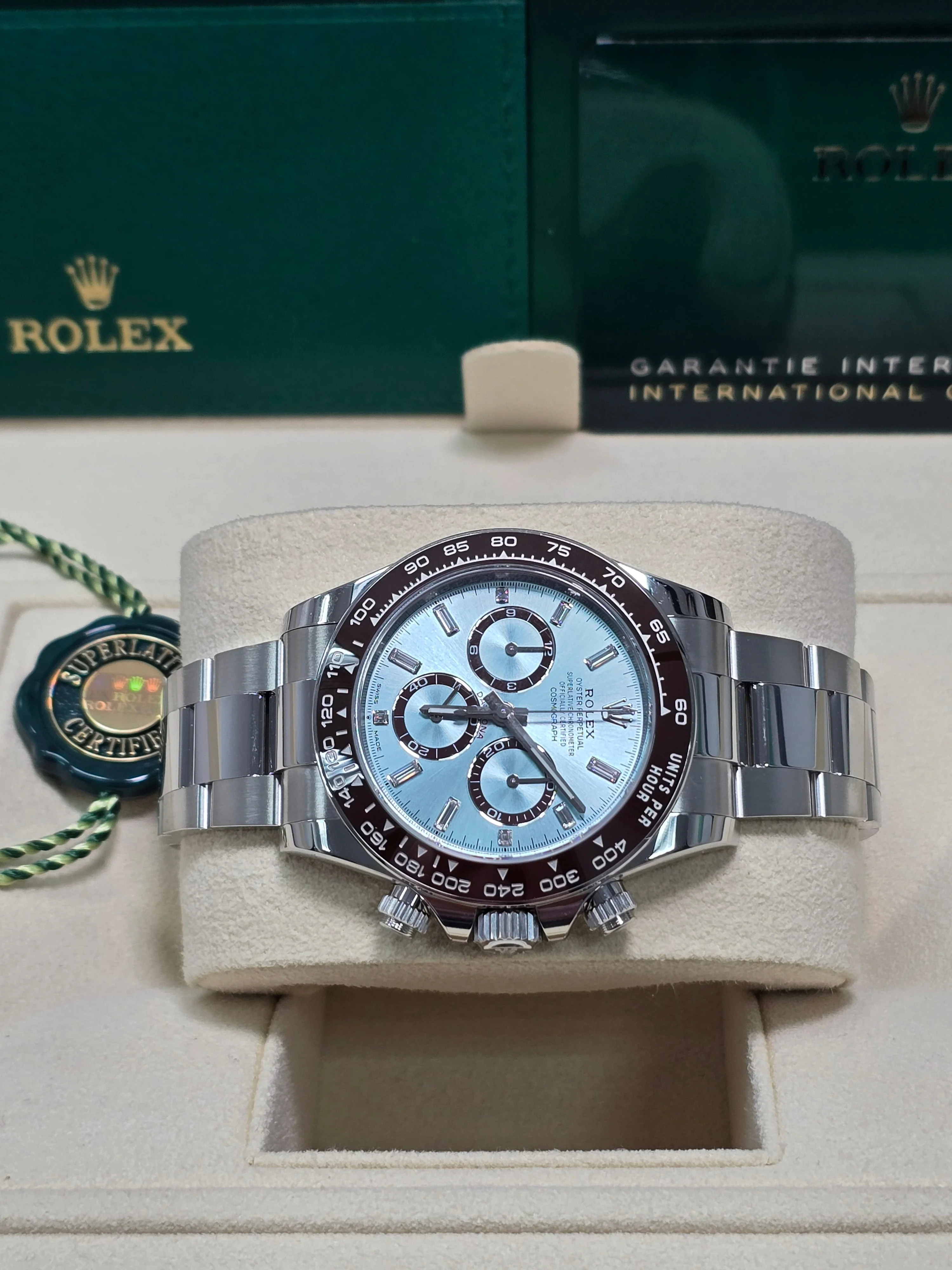 Rolex Cosmograph Daytona "Platona" 40mm Platinum Ice Blue Diamond Baguette Dial Brown Ceramic Bezel 126506 – New 2025 / 2026 - Image 5