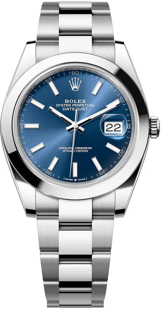 Rolex Datejust 41mm Blue Index Dial Smooth Bezel Oyster Bracelet 126300 – New 2025