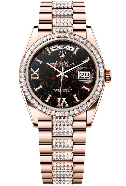 Rolex Day-Date 36mm Everose Gold Eisenkiesel Diamond Roman Dial Diamond Bezel Baguette Dial Diamond Bezel Diamond-Set President Bracelet – 128345RBR – New 2026