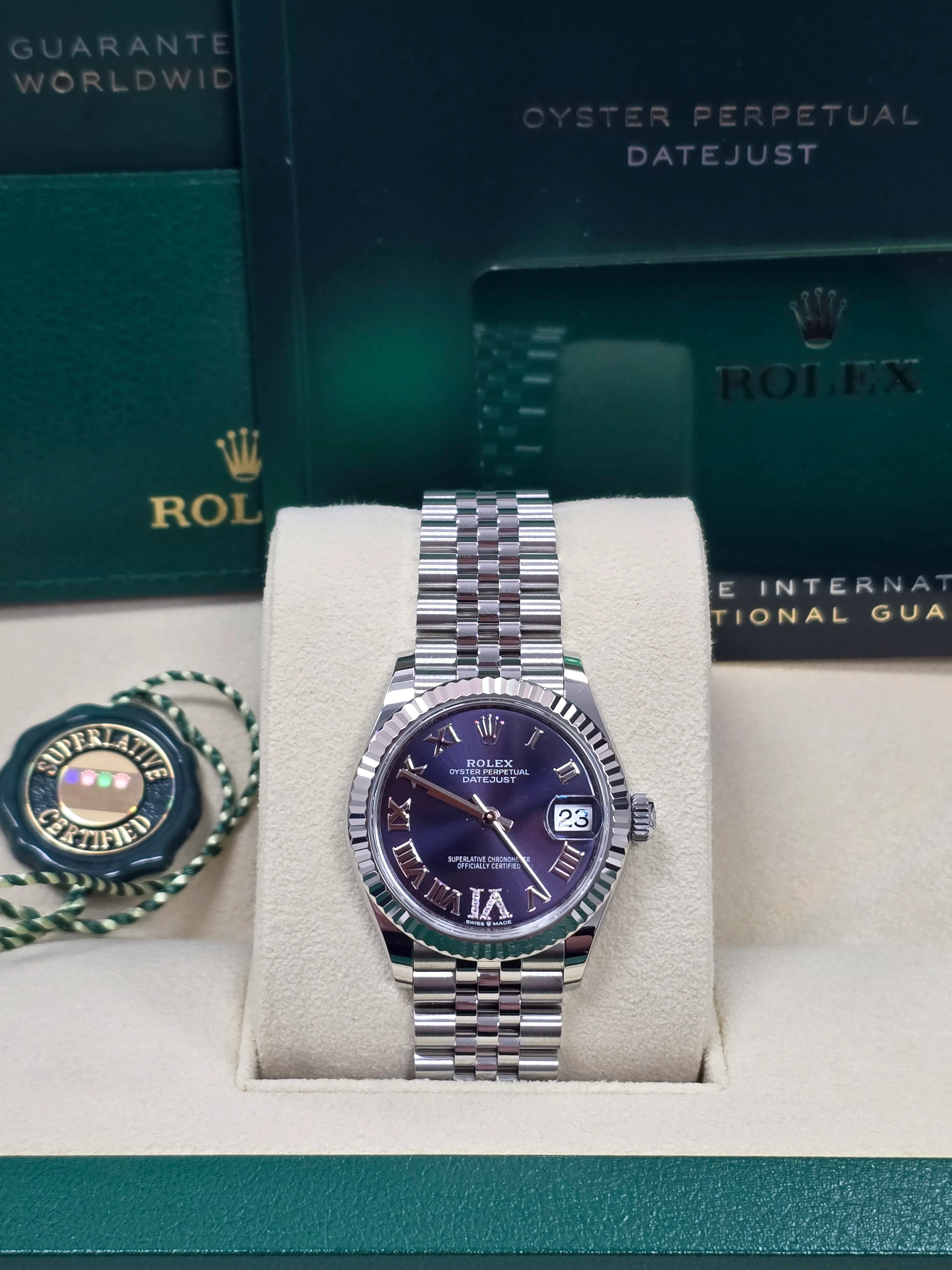 Rolex Lady-Datejust 31mm Violet (Purple) Roman Diamond Dial Fluted Bezel Jubilee Bracelet 278274 – New 2025 - Image 3