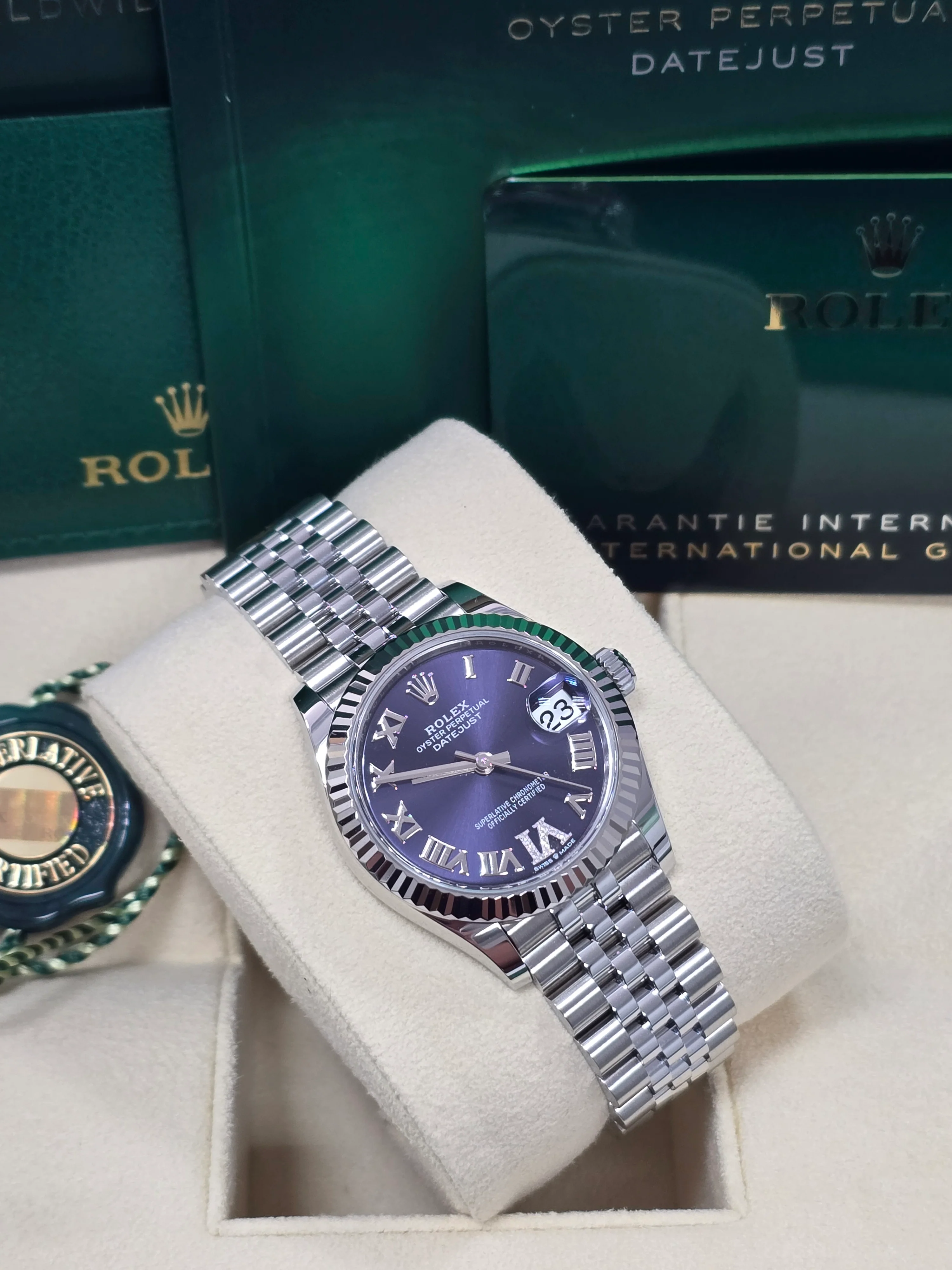 Rolex Lady-Datejust 31mm Violet (Purple) Roman Diamond Dial Fluted Bezel Jubilee Bracelet 278274 – New 2025 - Image 4
