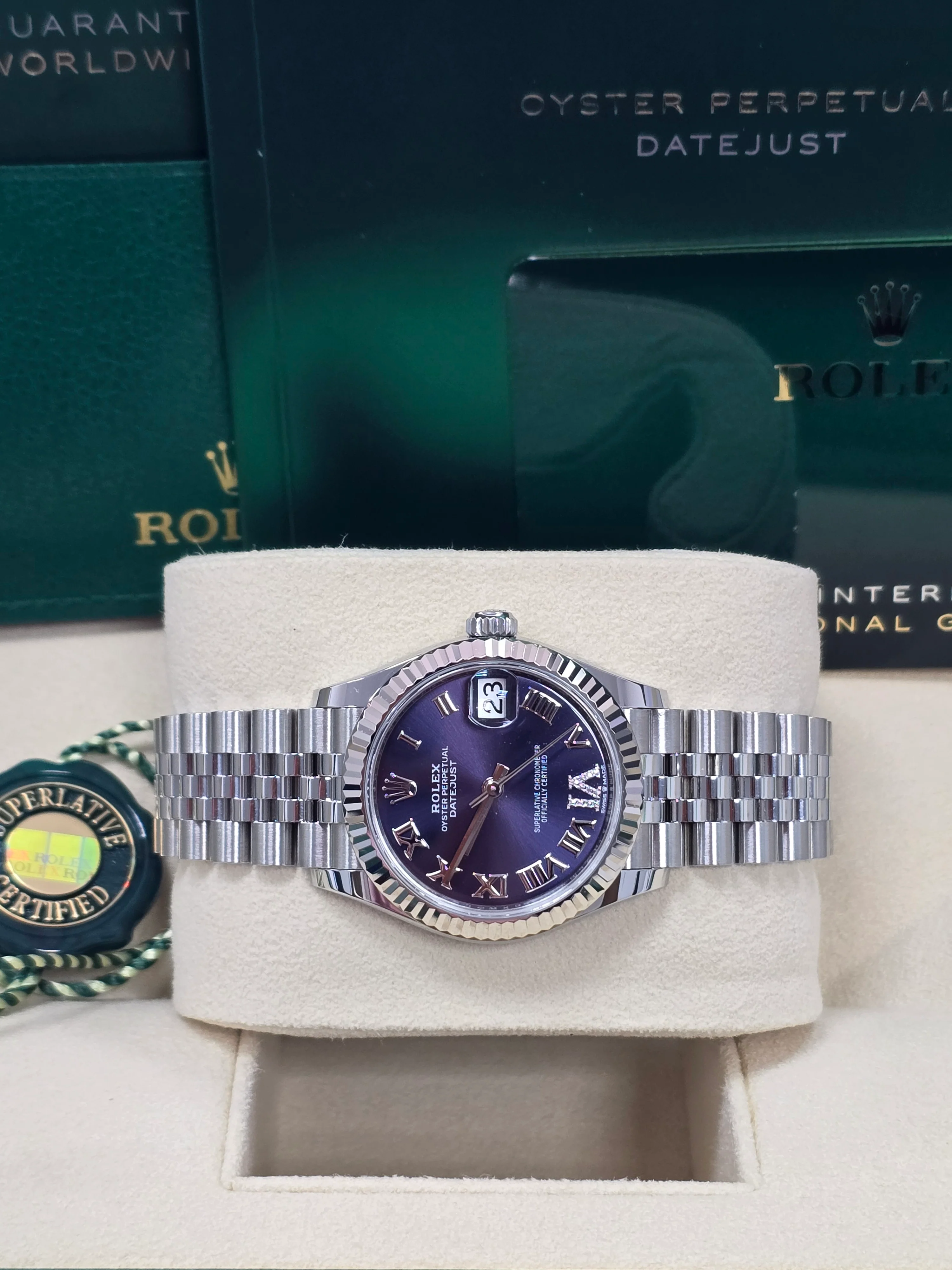 Rolex Lady-Datejust 31mm Violet (Purple) Roman Diamond Dial Fluted Bezel Jubilee Bracelet 278274 – New 2025 - Image 5