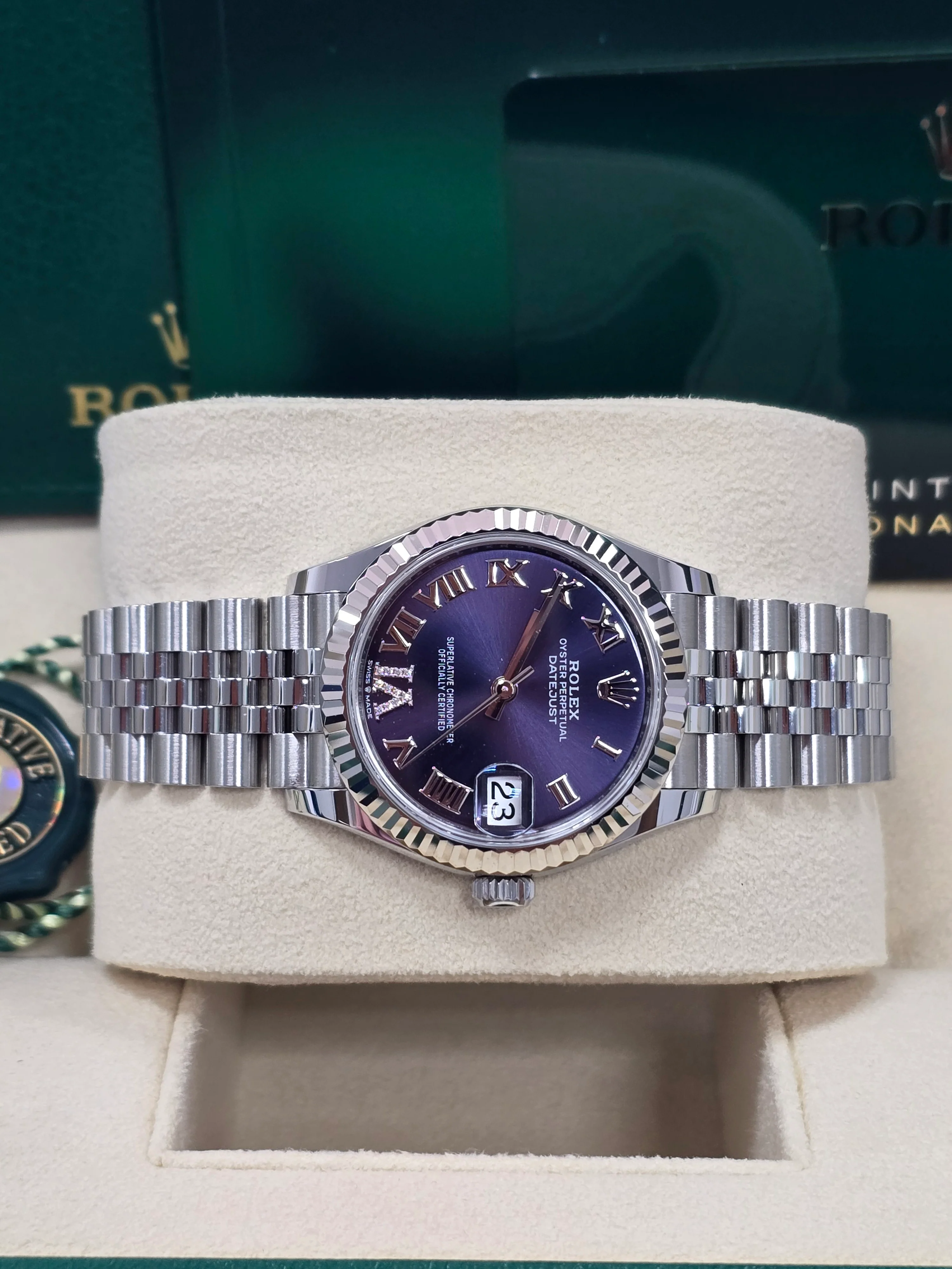 Rolex Lady-Datejust 31mm Violet (Purple) Roman Diamond Dial Fluted Bezel Jubilee Bracelet 278274 – New 2025 - Image 6