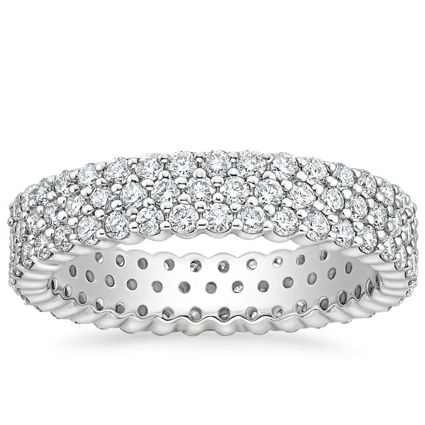 Round Cut Natural Diamond Eternity Ring, Triple Row Diamond Band