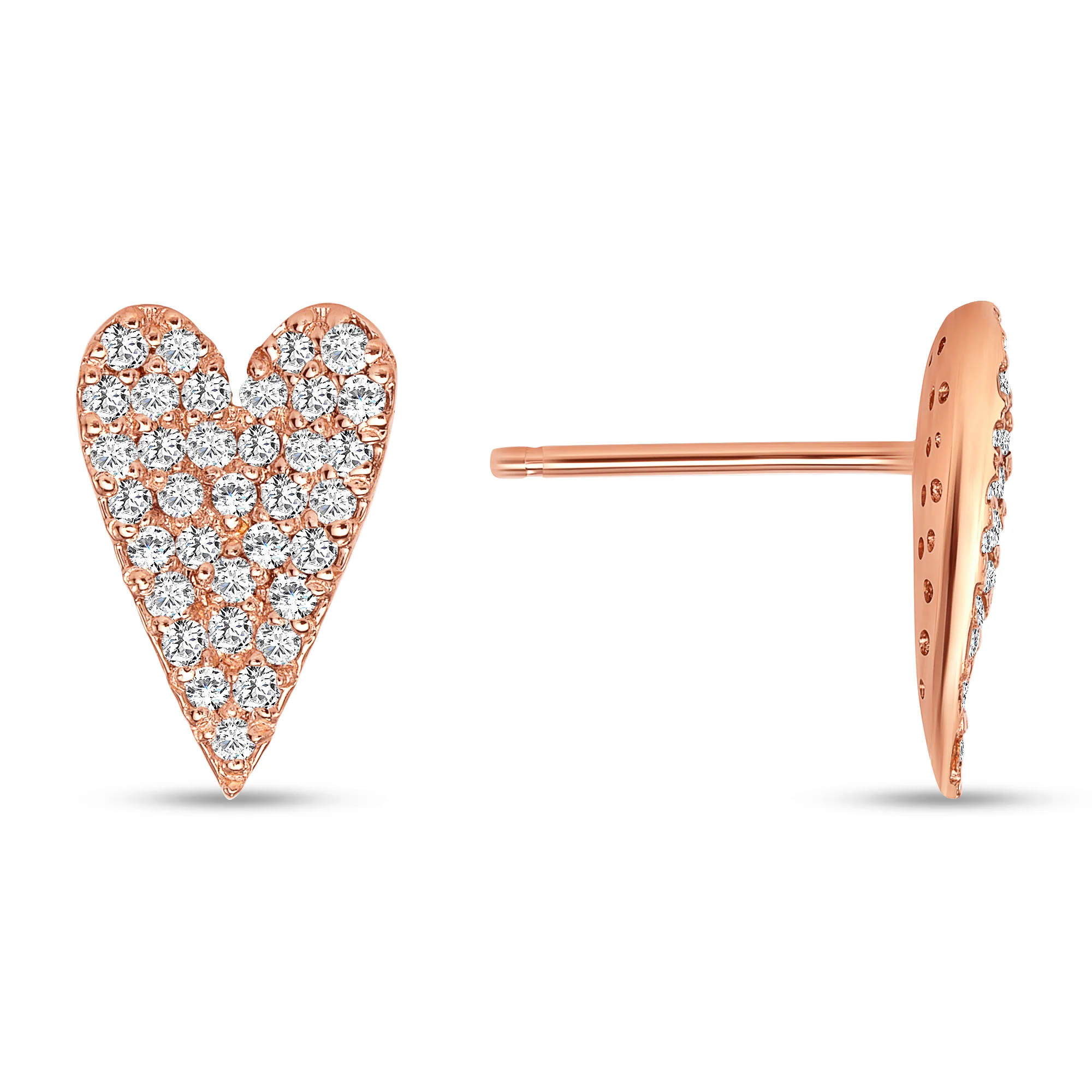 Round Diamond Heart Shape Stud Earrings Set - Push Back - Pave Set - Image 3
