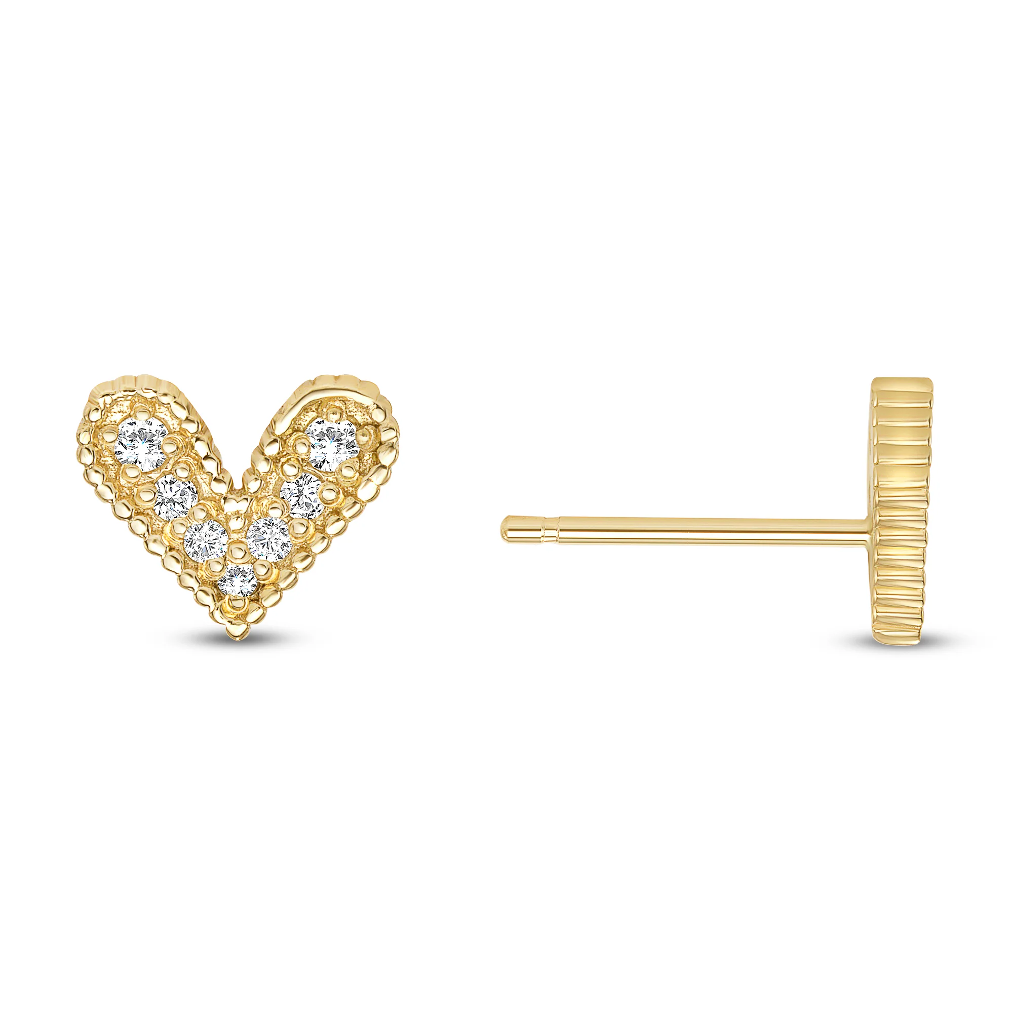 Round Diamond Heart Shape Stud Earrings Set - Push Back with Milgrain - Image 2