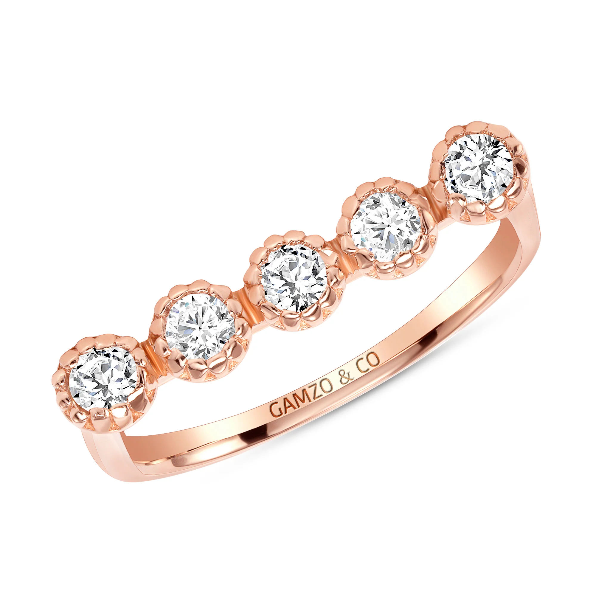 Round Diamond Pave Set Five Stone Beaded Ring - Image 3